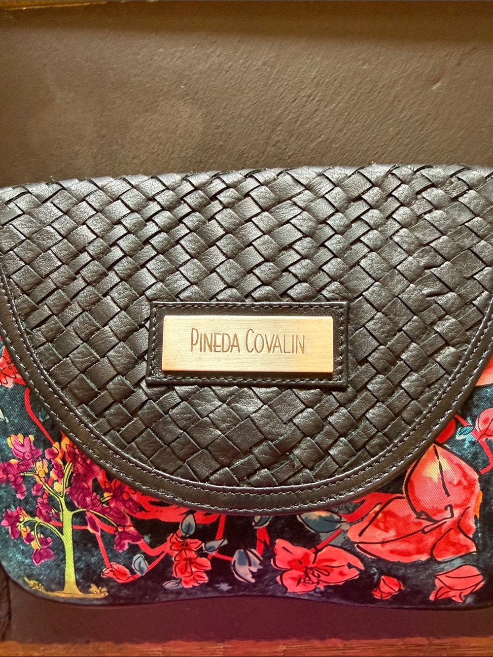 Silk and Leather Floral Clutch - Pineda Covalin - Excellent Condition